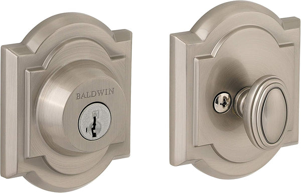 Baldwin Arch, Single Cylinder Front Door Deadbolt Featuring Smartkey Re-Key Technology and Microban Protection, in Satin Nickel