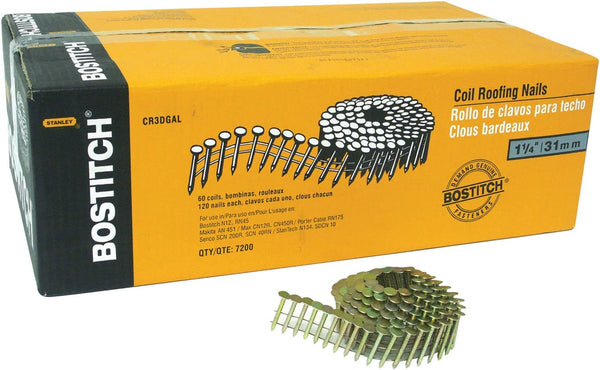 BOSTITCH CR2DGAL 1-Inch 15 Degree Smooth Shank Coil Roofing Nails (7,200 per Box)