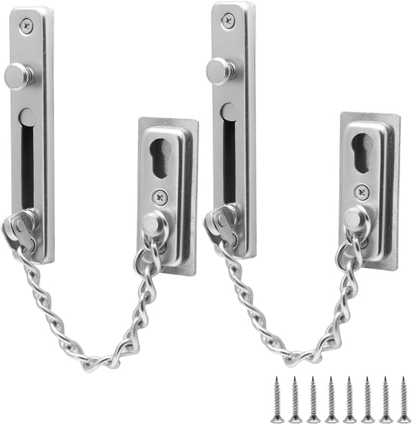 2 Pack Door Chain Lock Door Chain Guard with Spring, Anti-Theft Press Lock, Stainless Steel Heavy Duty Security Chain Locks for Door, Window and Home Security - Silver