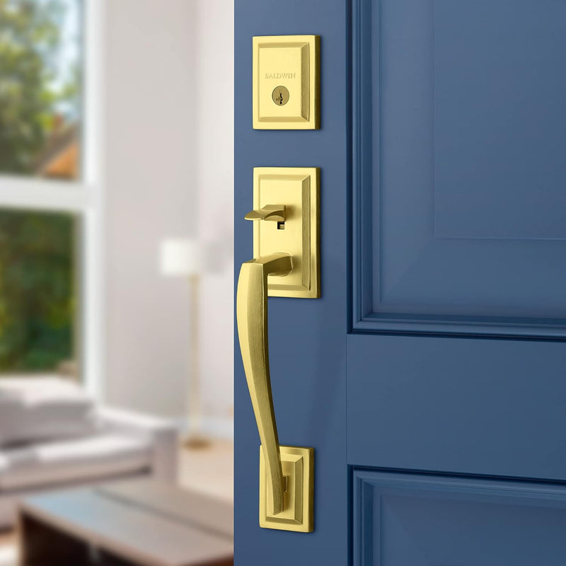 Baldwin Torrey Pines, Front Entry Handleset with Interior Lever, Featuring Smartkey Deadbolt Re-Key Technology and Microban Protection, in Satin Brass