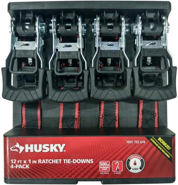 Husky 12 FT X 1 in Ratchet Tie-Downs 4 Pack by Husky