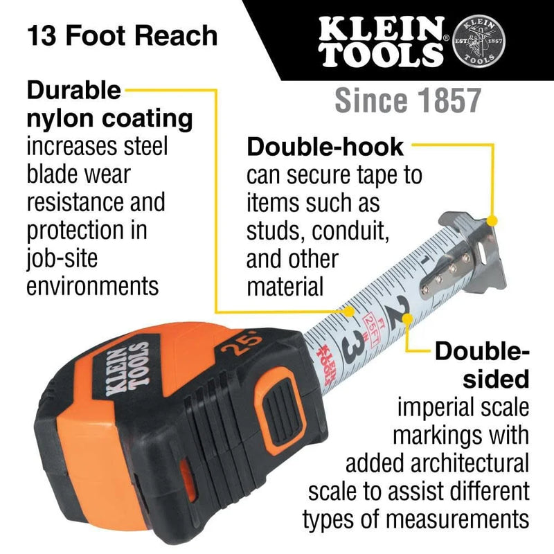 Klein Tools 9525 Tape Measure, 25-Foot Compact, Double-Hook