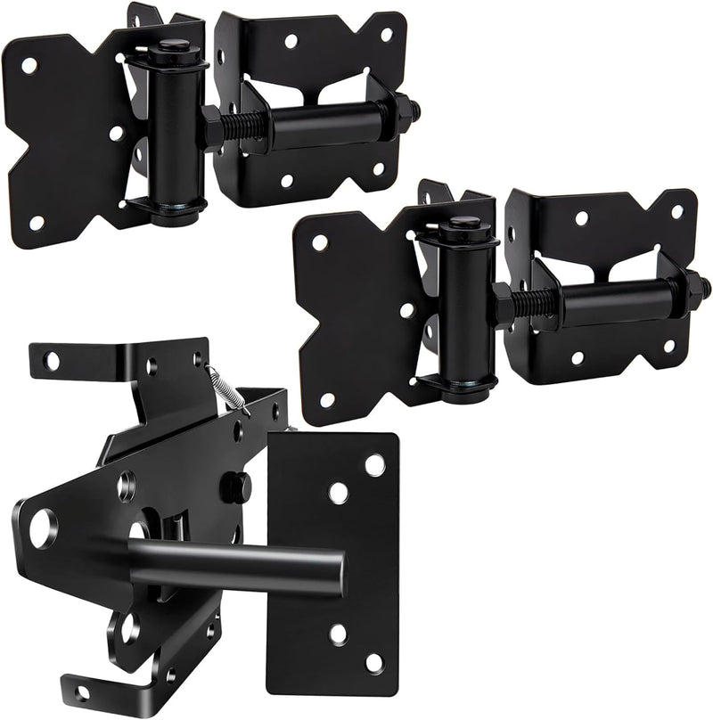 Self Locking Gate Latch and Gate Hinges Set Heavy Duty Hardware Hinges for Vinyl and Wood Fence with Installation Screws and Swing Adjuster Tool Heavy Duty 1 Gate Latch 2 Gate Hinges