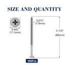 #14 X 3-1/4" Wood Screw 100Pcs 18-8 (304) Stainless Steel Screws Flat Head Phillips Fast Self Tapping Drywall Screws by SG TZH