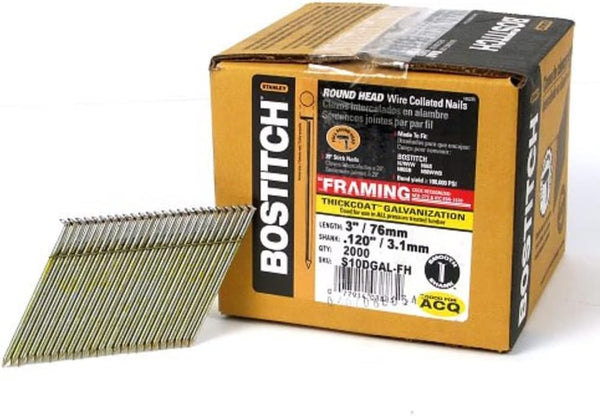 BOSTITCH Framing Nails, 28 Degree, Wire Weld, Galvanized, 3-Inch X .120-Inch, 2000-Pack (S10DGAL-FH)