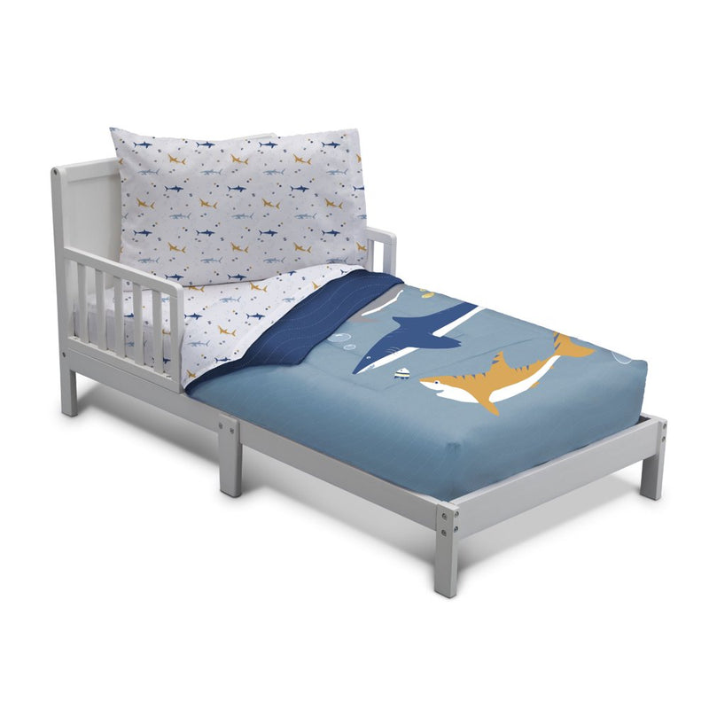 4-Piece Boys Toddler Bedding Set Collection | Includes: Fitted Sheet, Flat Top Sheet W/ Elastic Bottom, Fitted Comforter W/ Elastic Bottom, Pillowcase | Marine Life | Blue
