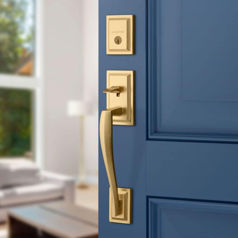 Baldwin Torrey Pines, Front Entry Handleset with Interior Lever, Featuring Smartkey Deadbolt Re-Key Technology and Microban Protection, in Satin Brass