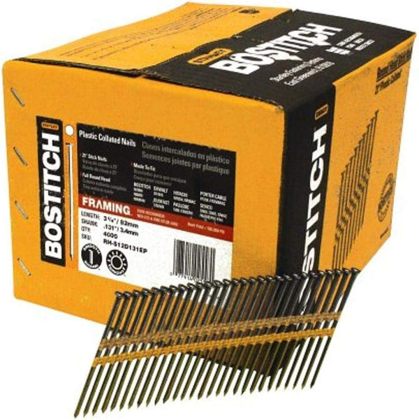 BOSTITCH RH-S12D131EP round Head 3-1/4-Inch X .131-Inch by 21 Degree Plastic Collated Framing Nail (4,000 per Box)