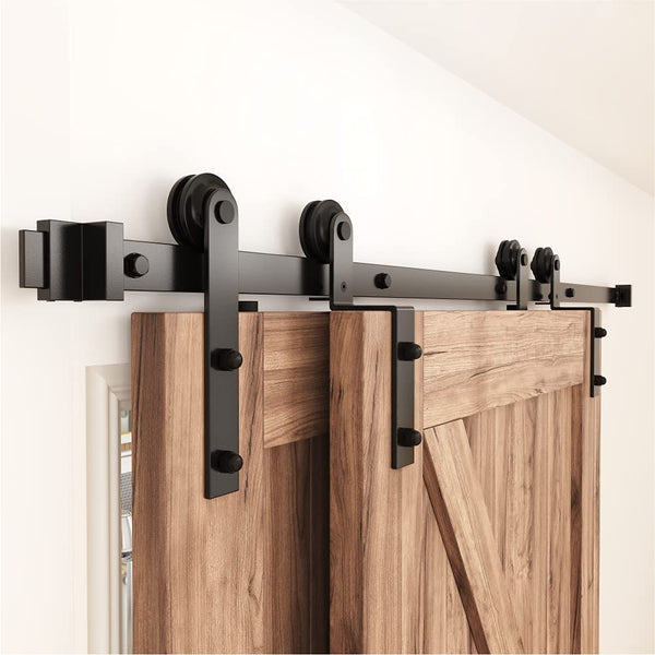 ZEKOO 5FT Single Track Bypass Sliding Barn Door Hardware Kit for Double Doors, Barn Door Bypass Hardware Kit, Flat Track Roller, Low Ceiling (I Shape Hanger)