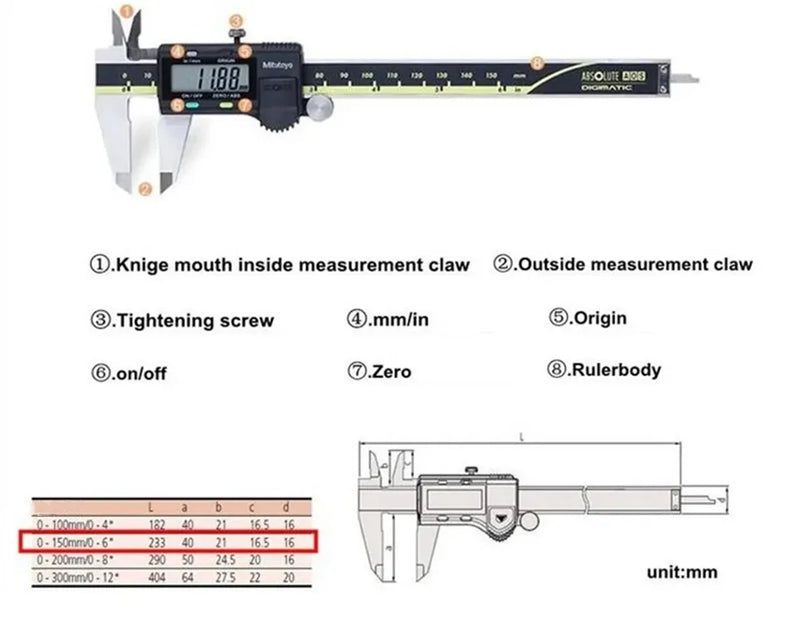 Mitutoyo 500-193-30 Absolute Scale Digimatic Caliper 500 Series, 0 to 11.8"/0 to 300Mm Measuring Range, 0.0005"/0.01Mm Resolution, AOS