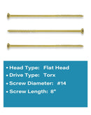 #14 X 8" Long Wood Deck Screws - Carbon Steel, Rust Resistant, Outdoor Decking Screws, 75 Pack