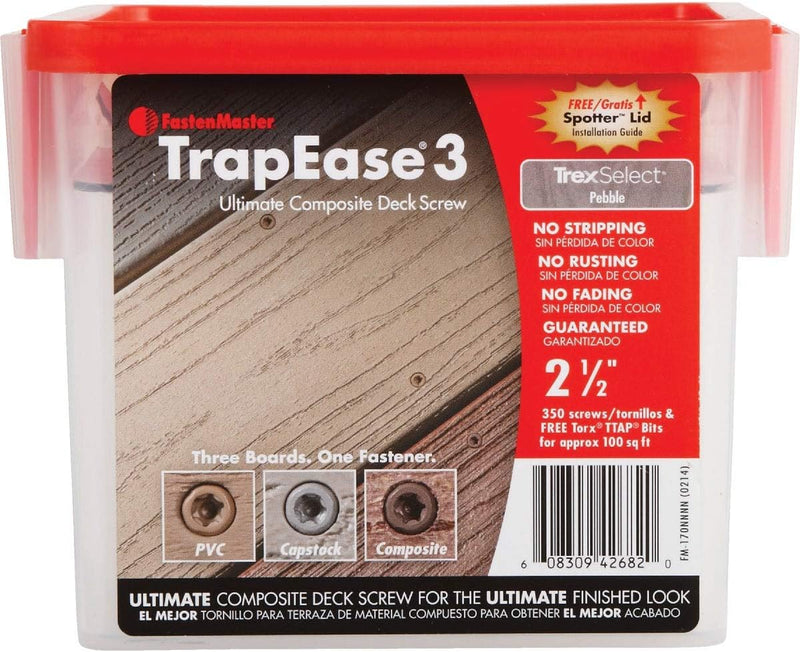 Fastenmaster Trapease 3 Deck Screws for Composite, PVC & Capstock Decking - 350 Count - 2-1/2" Screws in Pebble Grey