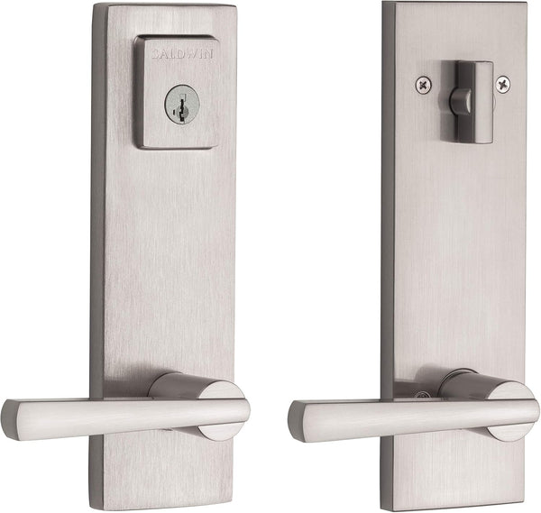 Baldwin Spyglass Single Cylinder Front Door Handleset Featuring Smartkey Security in Satin Nickel, Prestige Series with a Modern Contemporary Slim Door Handleset and Square Lever