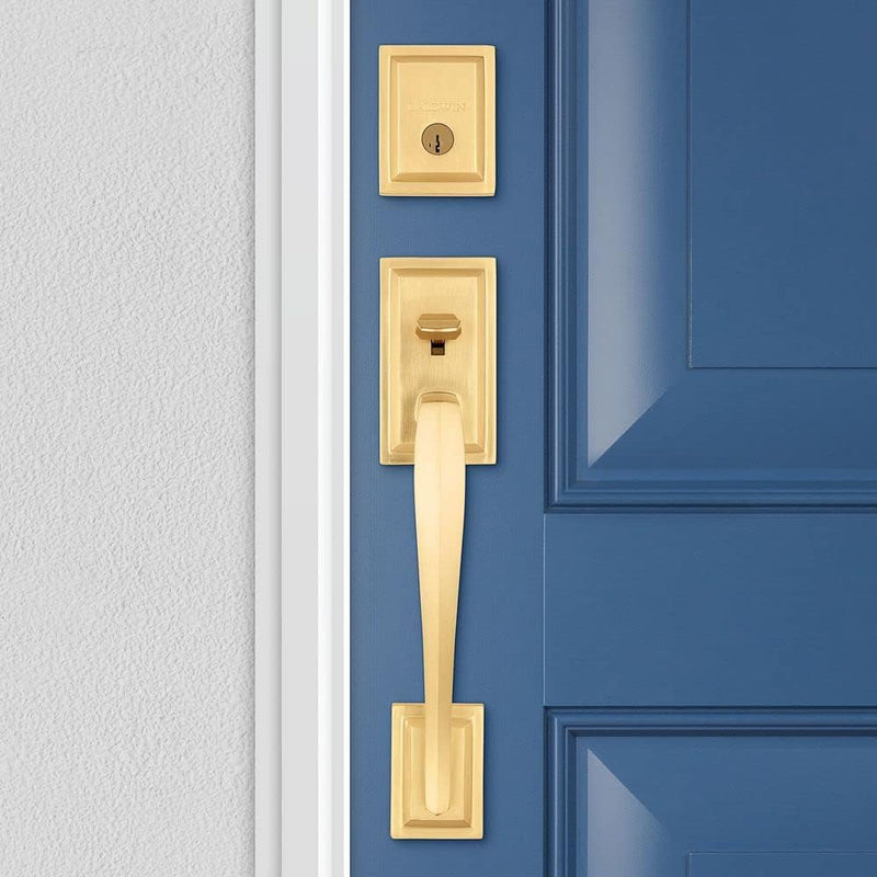 Baldwin Torrey Pines, Front Entry Handleset with Interior Lever, Featuring Smartkey Deadbolt Re-Key Technology and Microban Protection, in Satin Brass