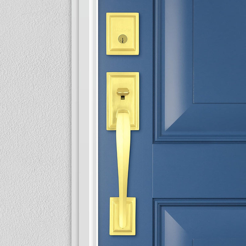 Baldwin Torrey Pines, Front Entry Handleset with Interior Lever, Featuring Smartkey Deadbolt Re-Key Technology and Microban Protection, in Satin Brass