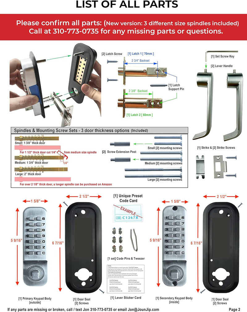 JOUNJIP Mechanical Keyless Combination Lever Handle Door Lock [Flat Spindle] - No Batteries | No Power | No Key Needed (Satin Chrome)