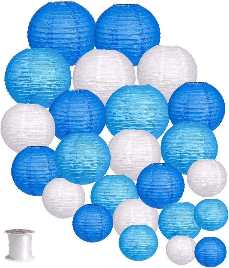 24Pcs round Paper Lanterns for Wedding Birthday Party Baby Showers Decoration Blue/White