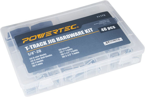 POWERTEC 71173 Jig and Fixture T-Track Hardware Kit W/Knobs and 1/4-20 Threads | 46 Piece Set