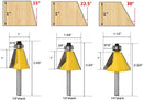 Yakamoz 3Pcs 1/4 Inch Shank Chamfer Edge Forming Router Bit Set Bevel Edging Cutter Bits with Bearing Guide Woodworking Cutting Tool | 1 Inch Cutting Length | 15 22.5 30 Degree Cutting Angle