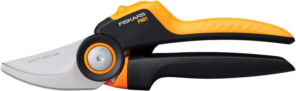 Fiskars Bypass Gardening Shears M, X-Series Powergear, P921, with Rolling Handle, for Fresh Branches and Twigs, Non-Stick Coated, Stainless Steel Blades, Length: 20.1 Cm, Black/Orange, 1057173
