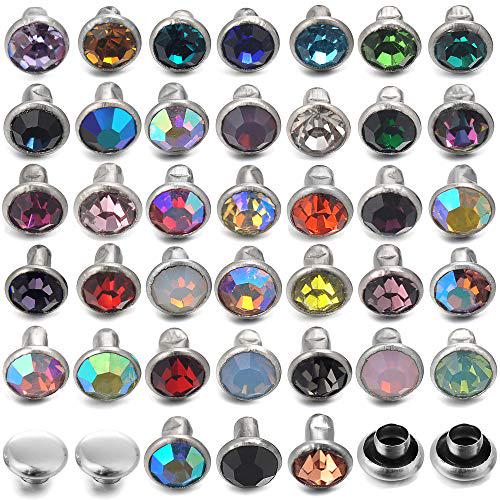 100 Sets 6MM Mixed Colors Cz Crystal Rivets Rhinestone Rivets Studs Rapid Rivets Silver Color Spots Studs for Leather Craft DIY Making