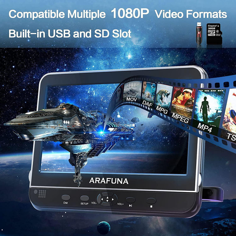 Car DVD Player with Headrest Mount,Arafuna 10.5 for car HDMI Input,  Portable Support 1080P HD Video, USB/SD,Regions Free, Last Memory