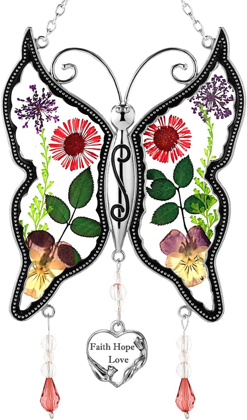 New Butterfly Suncatchers Glass Faith Hope Love Wind Chime with Pressed Flower Wings Embedded in Glass with Metal Trim Mom Heart Charm - Gifts for Mom -Mom for Birthdays Christmas (Faith Hope Love)