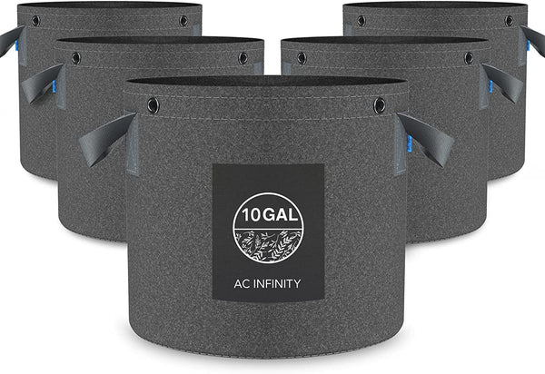 AC Infinity Heavy Duty Fabric Pots, 10 Gallon Aeration Grow Bags 5-Pack with 500G Thick Nonwoven Fabric and Multi-Purpose Rings, for Low Stress Plant Training Fruits, Vegetables, and Flowers