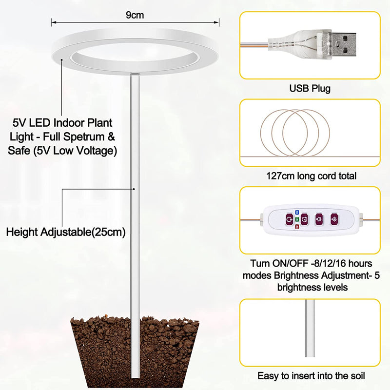 Grow Lights for Indoor Plants,Full Spectrum LED Plant Halo Lights Height Adjustable Growing Lamps with Auto On/Off Timer 8/12/16 H , 4 Dimmable Brightness,Ideal for Small House Plants Indoors Live