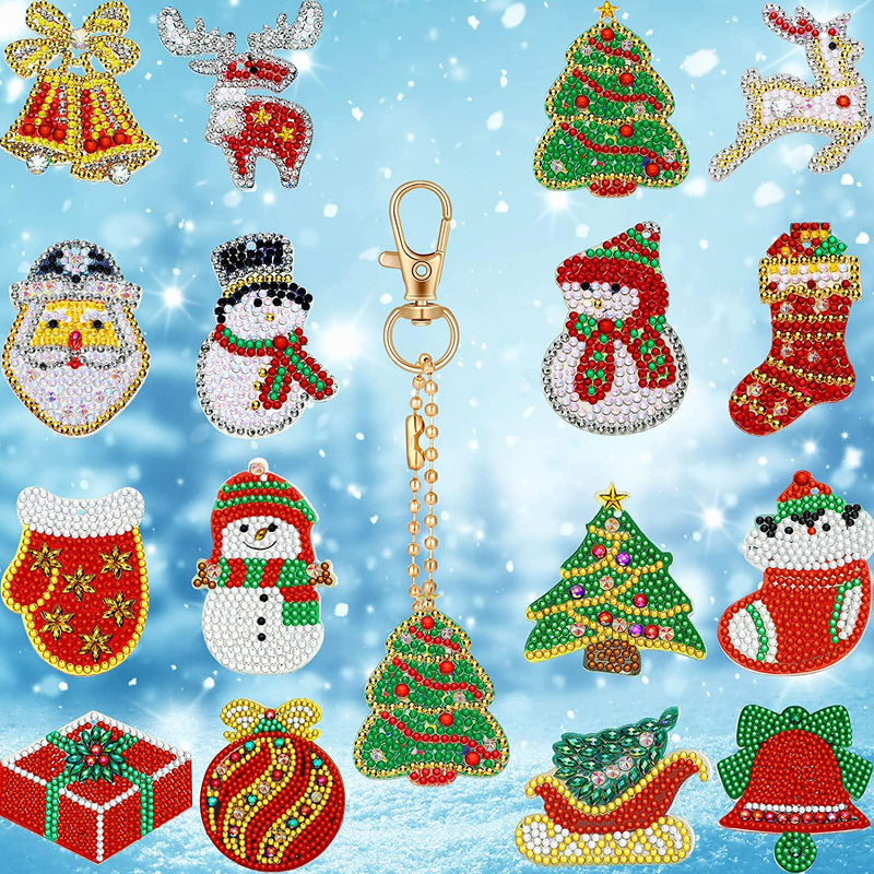 16 Pieces Christmas DIY Diamond Key Chain Christmas 5D Painting Pendant Round Drill Key Chain Pendant for Christmas Arts Craft Accessories, 16 Styles
