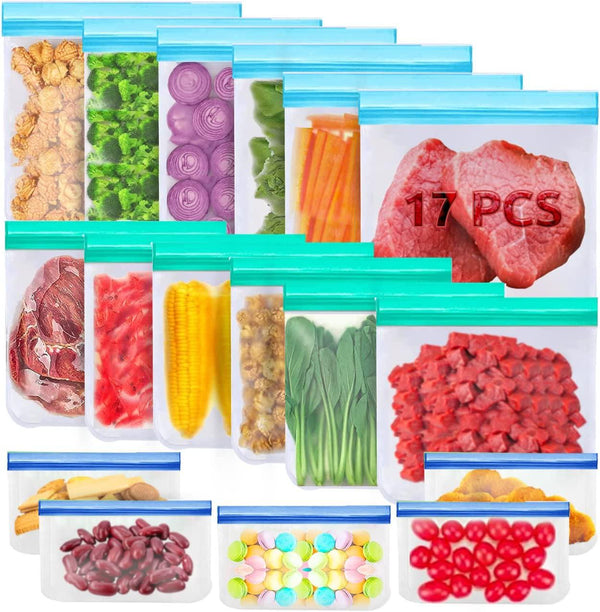 17 PCS Reusable Freezer Bags-Food Storage Bag For Kitchen Storage and Organisation, BPA Free PEVA Storage Bags Extra Thick Sandwich Leakproof Eco-Friendly Ziplock Bags For Food Bags Lunch Bags