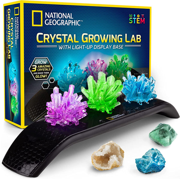 NATIONAL GEOGRAPHIC Crystal Growing Kit - 3 Vibrant Colored Crystals to Grow with Light-Up Display Stand & Guidebook, Includes 3 Real Gemstone Specimens Including a Geode & Green Fluorite