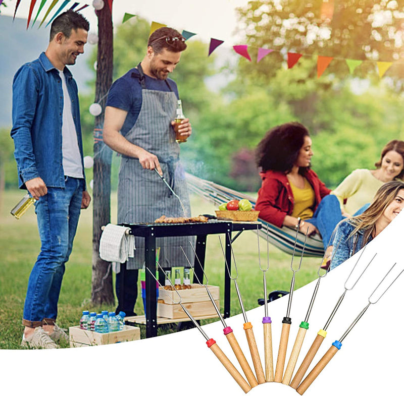 Valuehall Marshmallow Roasting Sticks 8 Pack Hot Dog Fork 32 Inch Telescoping Smores Skewers with Wooden Handle Extendable Stainless Steel Forks with Portable Bag for Campfire and Fire Pit V4A05