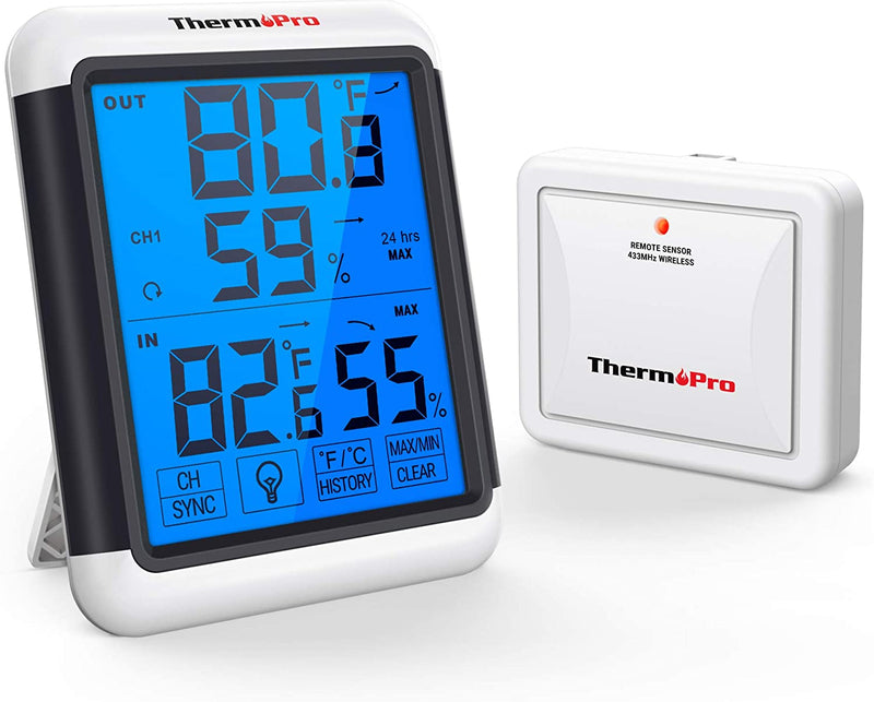 Thermopro TP65 Digital Wireless Hygrometer Indoor Outdoor Thermometer Wireless Temperature and Humidity Monitor with Jumbo Touchscreen and Backlight Humidity Gauge, 200Ft/60M Range