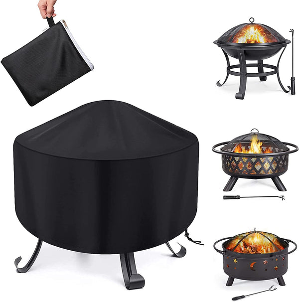 Fire Pit Cover round Waterproof Fit for 80/90/100Cm Outdoor round Firepit or Fire Bowl 420D Heavy Duty Firepit Cover, Black Patio Fire Bowl Cover