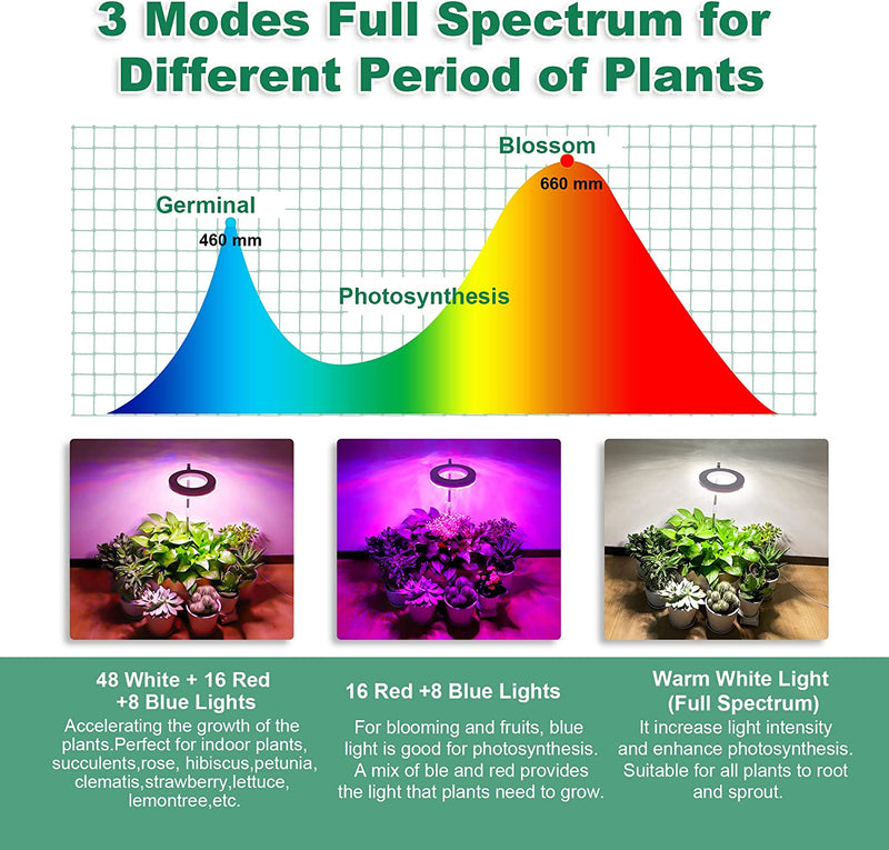 Grow Lights for Indoor Plants, Ewonlife Small Plant Lights Full Spectrum, LED Growing Lamp with Smart Timer, Height Adjustable, 3 Spectrum Modes with Warm White, Blue, Red, for House Growth