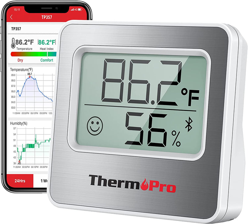 Thermopro TP357 260FT Bluetooth Hygrometer Room Thermometer for Home with Remote Monitor & Smart APP, Temperature Humidity Sensor Gauge with Max Min Records, Silver