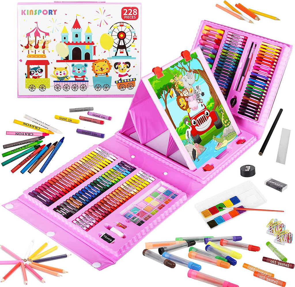 KINSPORY Art Sets for Girls, 127 Pack Wooden Art Supplies Kit Painting  Colouring Drawing Easel Fancy Suitcase Gift for Kids Teens (Pink)