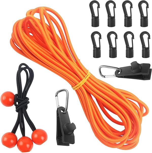 1/4" X 20Ft Bungee Shock Cord, Elastic Nylon Cords Kayak Stretch String Rope Tie down Strap with Hooks, 4Pcs Ball Bungee Cords, 2Pcs Tarp Clips Heavy Duty Lock Grip for Kayak Boat Camping Accessories