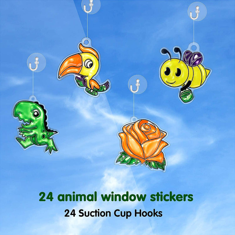 24 Pieces Suncatchers Craft Kits Assorted Sun Catcher for Art Window Suncatchers Kits with 24 Pieces Suction Cups for Painting Crafts Christmas Home Decor Supplies (Animals Theme)