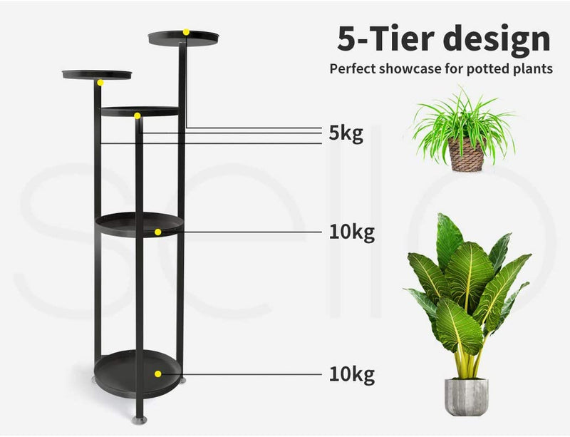 Levede 5 Tier Plant Stand 120Cm Tall Metal - Round, Indoors, Outdoors, Flower Pot, Shelf, Holder, Balcony, Garden, Black