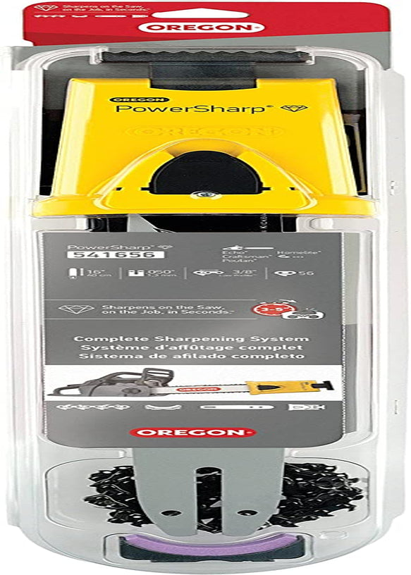 Oregon 16-Inch Powersharp Starter Kit with Bar, Sharpener, and 56 Drive Link Powersharp Chain, 3/8" Low Profile.050" Gauge, Portable Sharpening Tool for Chainsaws (541652)