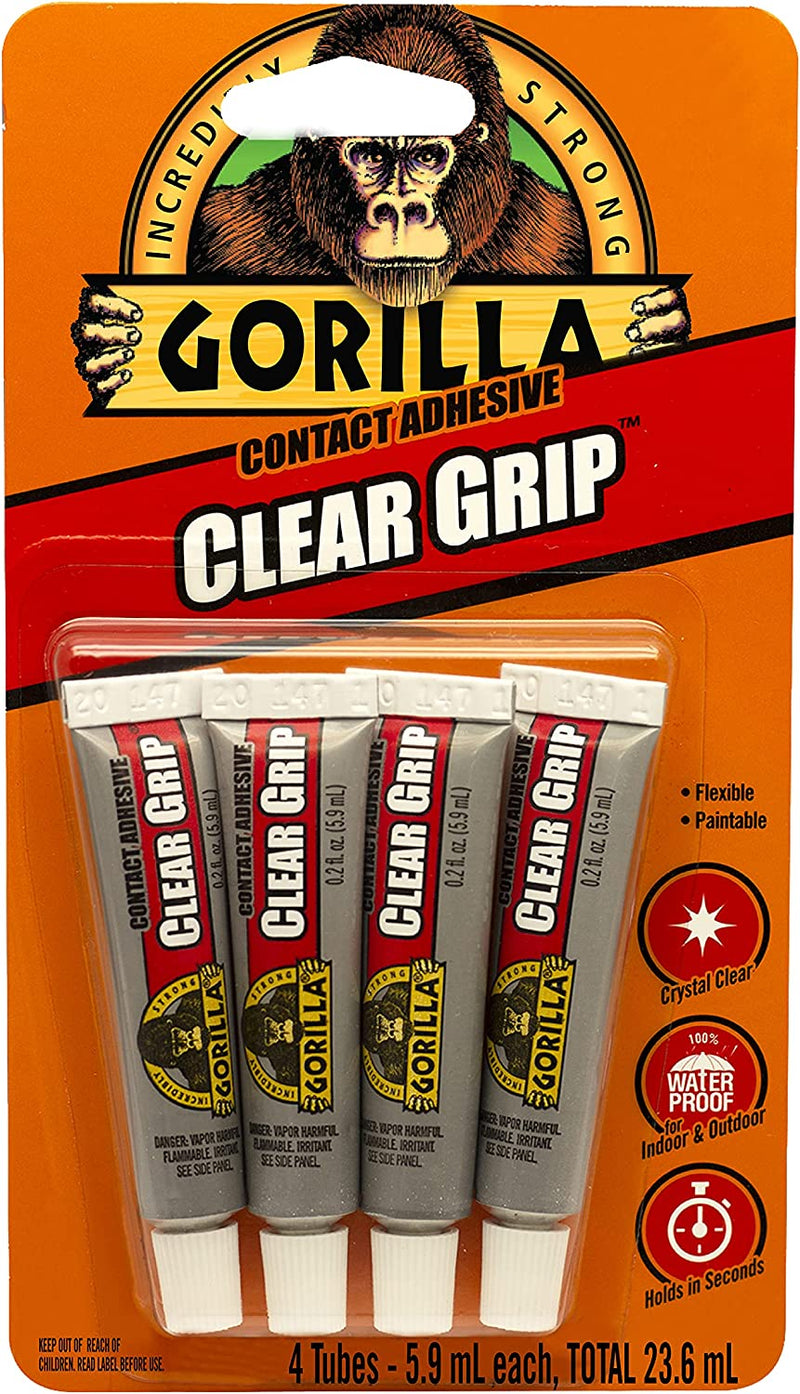 Gorilla Clear Grip Contact Adhesive Minis, Flexible, Fast-Setting, Permanent Bond, Waterproof, Indoor & Outdoor, Paintable, 4-5.9Ml Tubes, Clear, (Pack of 1), GG102057