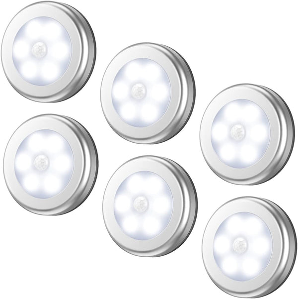 AMIR Motion Sensor Light, Cordless Battery-Powered LED Night Light, Stick-Anywhere Closet Lights Stair Lights, Puck Lights, Safe Lights for Hallway, Bathroom, Bedroom, Kitchen, Etc.(White - Pack of 6)