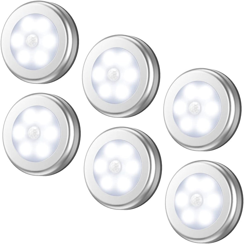 AMIR Motion Sensor Light, Cordless Battery-Powered LED Night Light, Stick-Anywhere Closet Lights Stair Lights, Puck Lights, Safe Lights for Hallway, Bathroom, Bedroom, Kitchen, Etc.(White - Pack of 6)