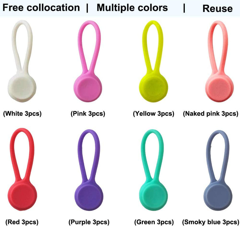 Reusable Twist Ties with Strong Magnet for Bundling and Organizing Cables,Headphone Cables,Usb Charging Cords,Hanging & Holding Keychain,Silicone Cord Winder Magnetic Cable Clips (8 Colors - 24 Pack)