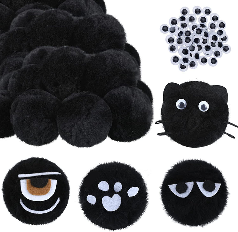 30 Pieces 2.6 Inch Acrylic Pom Poms Large Black Poms Soft Plush Ball with 100 Pieces Wiggle Googly Eyes 20 Pieces Colorful Tinsel Ribbon 3 Pieces Adhesive Felt for DIY Craft Christmas Halloween Party