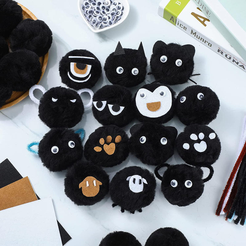 30 Pieces 2.6 Inch Acrylic Pom Poms Large Black Poms Soft Plush Ball with 100 Pieces Wiggle Googly Eyes 20 Pieces Colorful Tinsel Ribbon 3 Pieces Adhesive Felt for DIY Craft Christmas Halloween Party