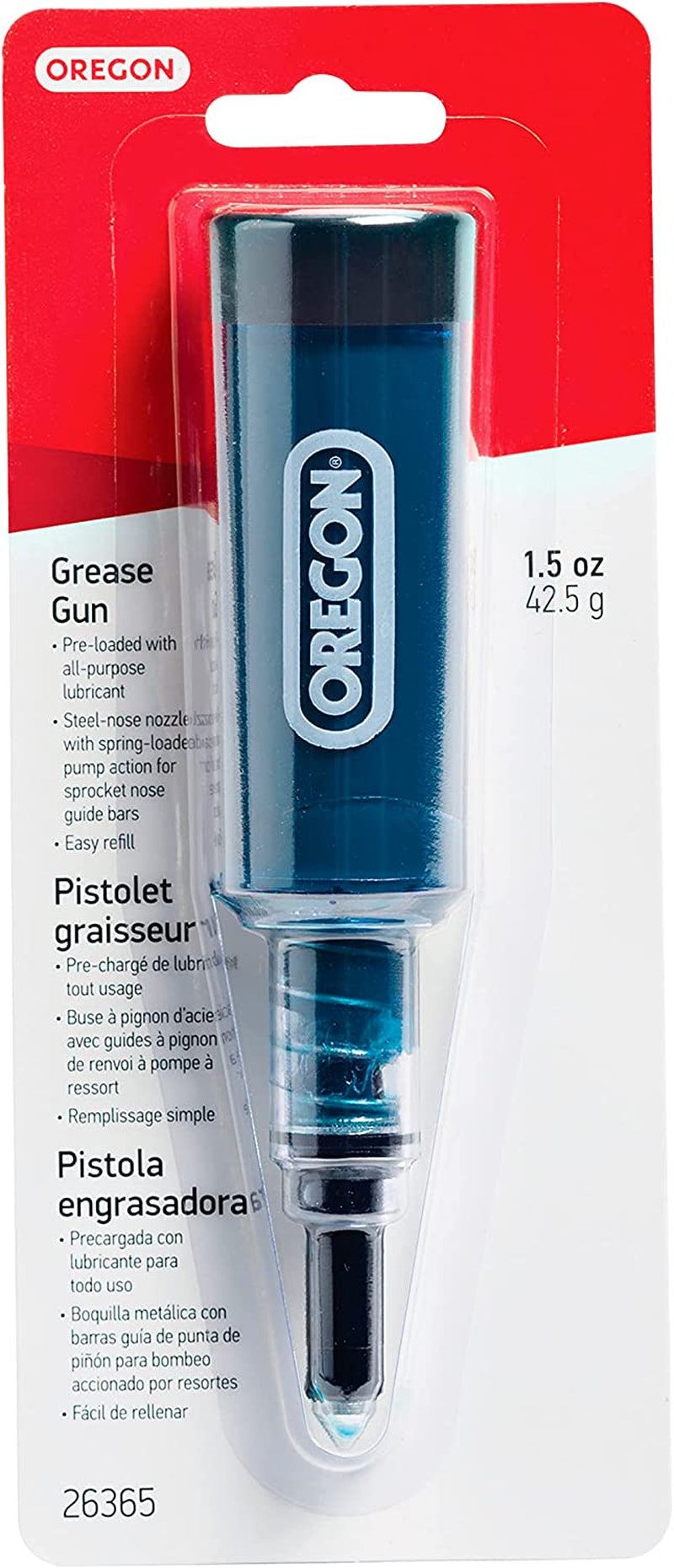 Oregon Grease Gun for Chainsaws, Pre Loaded All Purpose Lubricant, Easy Refill, Universal for Most Makes/Models of Saw Chains and Cutters (26365)