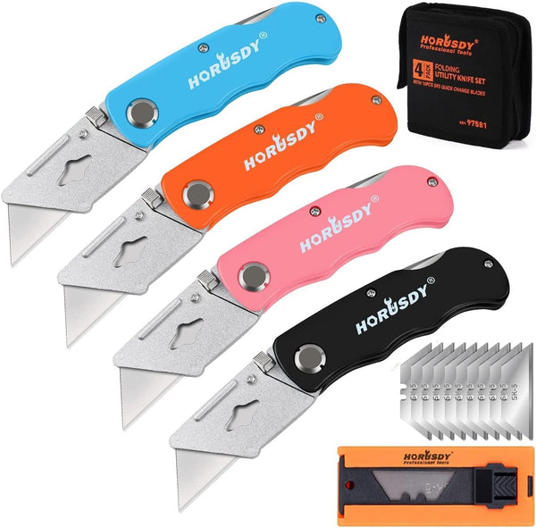 HORUSDY 4-Pack Folding Utility Knife Set, Quick Change Foldable Box Cutter for Cartons, Cardboard and Boxes, Back-Lock Mechanism with 10 Spare Blades and Storage Bag